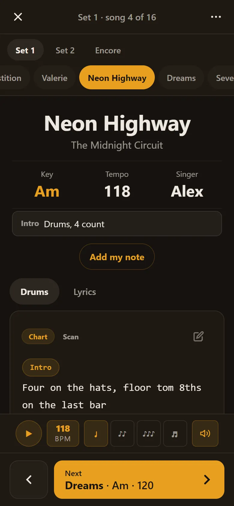 Gig View for the drummer: the drum part by section and the metronome at 118, with play, beat and sound controls