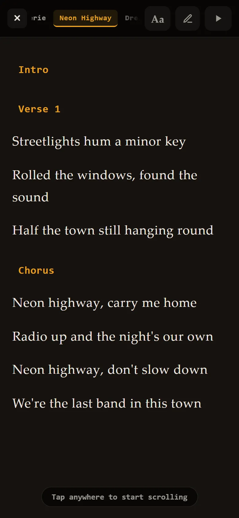 Lyrics full screen in Gig View: Neon Highway's verse and chorus in large type, with the next and previous songs along the top