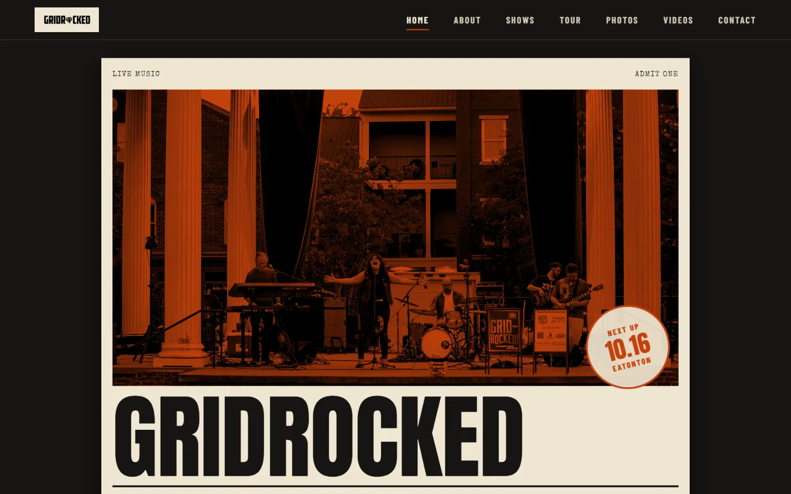 GridRocked's band website, made with BandStack: a stage photo of the band and their next show